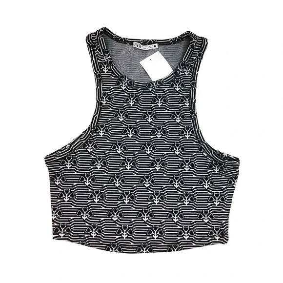 Zara Floral Cropped  Tank Top NWOT | Black and White | Size M - Picture 1 of 5
